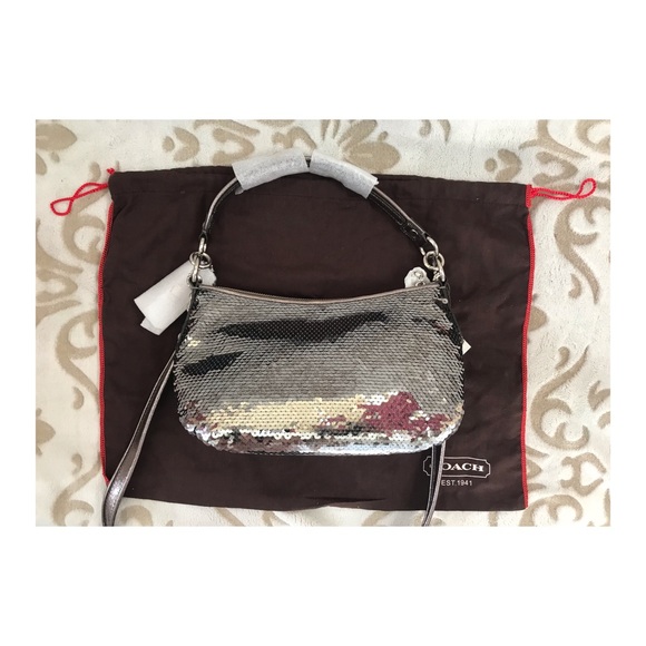 NWT RARE Coach gray sequin Poppy cross body bag - Picture 4 of 10